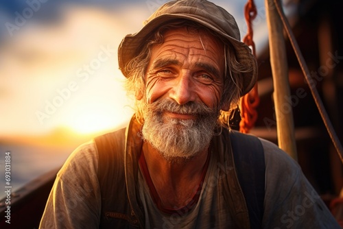 A close-up portrait of a weathered sailor with a rugged beard against the backdrop of the ocean and a captivating sunset photo