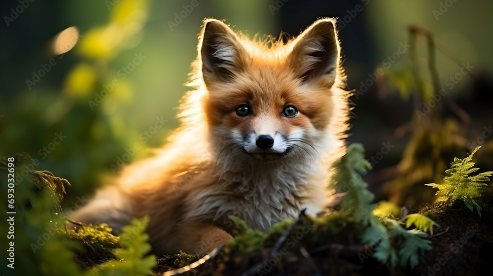 Obraz premium Young fox in the forest, enchanting natural light, close-up