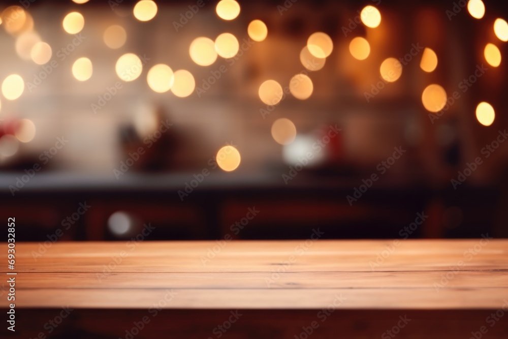 Empty wooden tabletop from the side, offering a canvas for product display, set against a blurred background of shimmering golden lights. Generated AI Empty wooden tabletop from the side, offering a canvas for product display, set against a blurred background of shimmering golden lights. Generated AI
