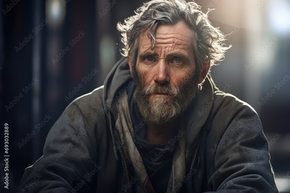 Obraz premium Close up portrait of homeless man