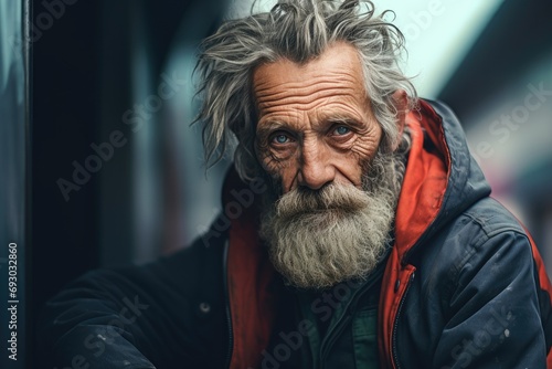 Close up portrait of homeless man