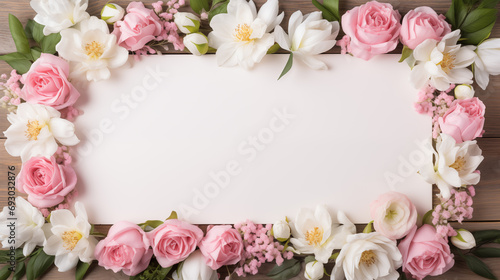 Floral Frame of Pink Roses and White Blooms on Wood