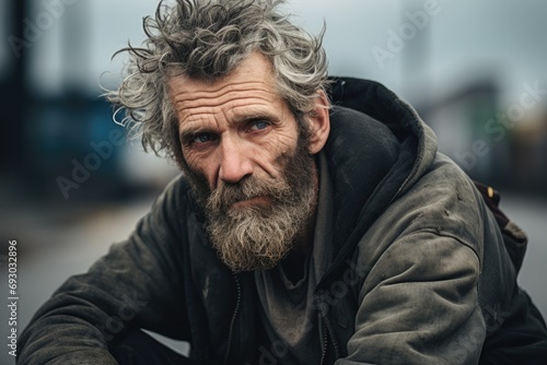 Close up portrait of homeless man