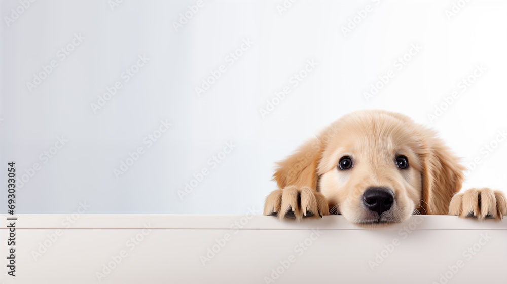 Adorable Golden Retriever Puppy Peeking Over Table Against White Background