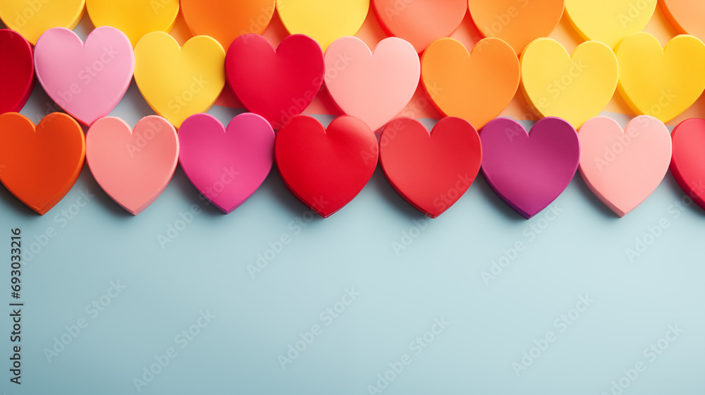 Colorful Paper Hearts in a Row on Blue Background