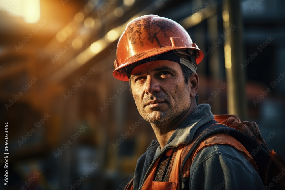 Portrait Of Focused Construction Worker in Industrial Setting Portrait Of Focused Construction Worker in Industrial Setting