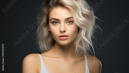 Beautiful Caucasian woman with blond hair and blue eyes generated by AI