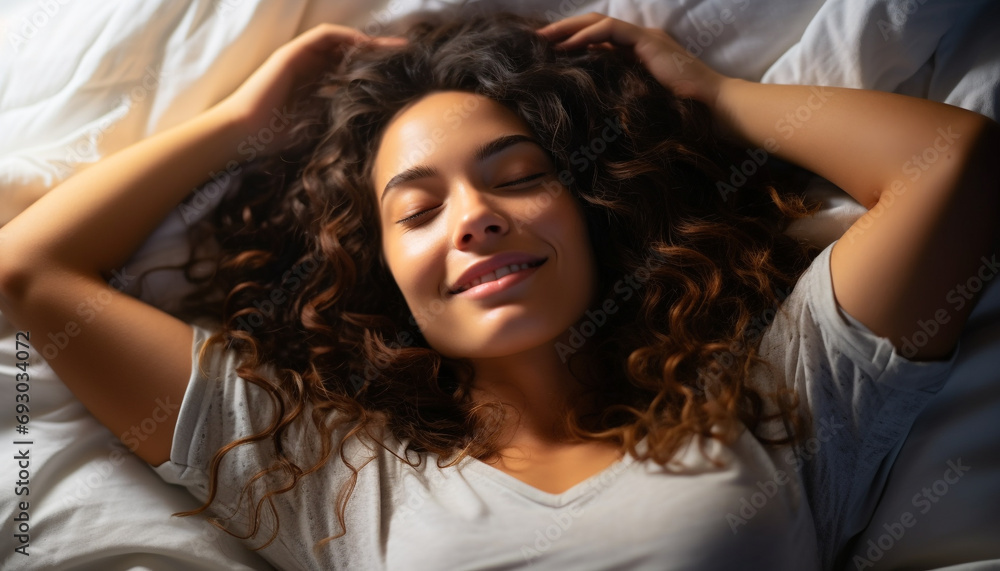 Fototapeta premium Young woman resting on a comfortable bed, smiling generated by AI