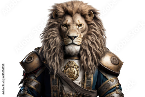 The Royal White lion with luxury dress costume. Close up Portrait King lion with throne and crown isolated on transparent png background.