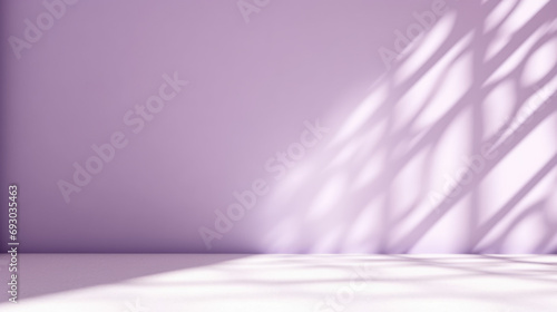 Minimalistic abstract gentle light purple background for product presentation with light andand intricate shadow from the window on wall.