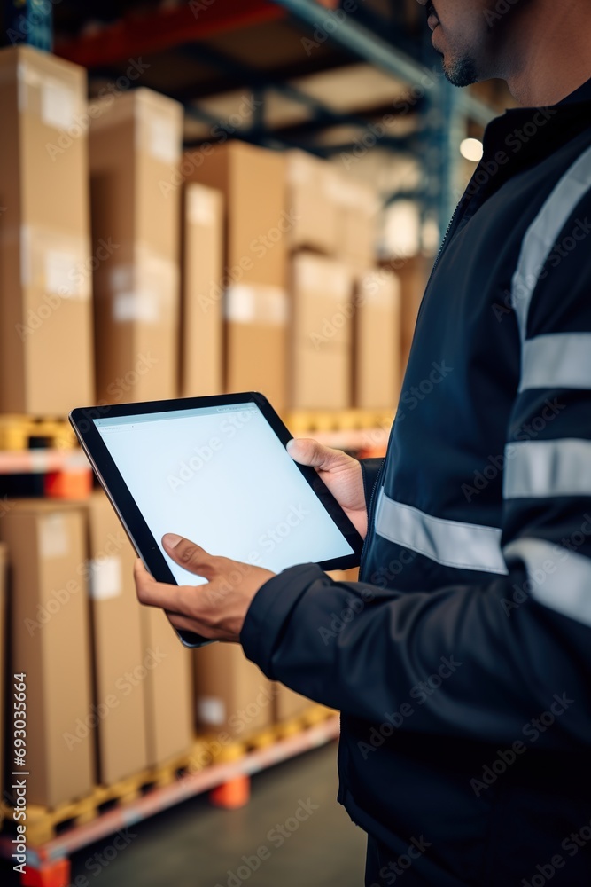 Close-up of a tablet showing logistics software in the hands of a warehouse supervisor with packages in the background Close-up of a tablet showing logistics software in the hands of a warehouse supervisor with packages in the background