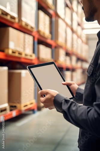Close-up of a tablet showing logistics software in the hands of a warehouse supervisor with packages in the background