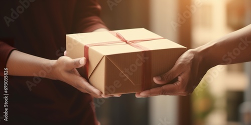 Close-up of hands receiving a small package from a delivery person, symbolizing personal and efficient service © EOL STUDIOS