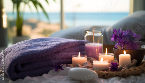 Relaxation, towel, candle, luxury, aromatherapy, nature, flower, wellbeing generated by AI