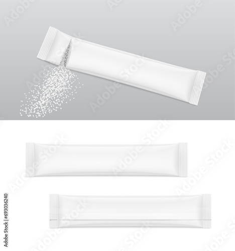 Blank stick package bag mockups. Flat lay view. Vector illustration isolated on various background. Can be use for food, cosmetic, pharmacy and etc. EPS10.