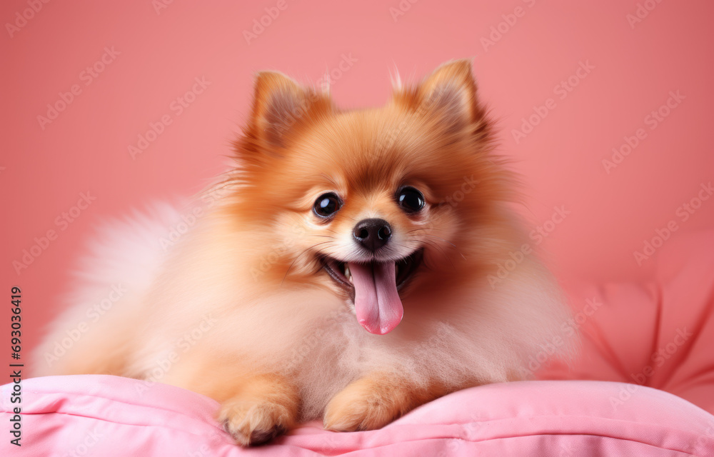 Photo dog breed pomeranian spitz funny sits on a pink background