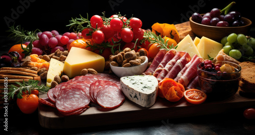Close up of charcuterie board with meats and cheeses on festive dinner table for, copy space