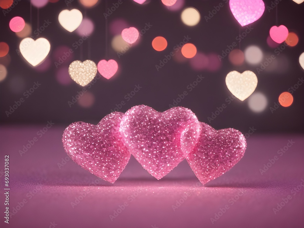 two pink glittered hearts on bokeh lights