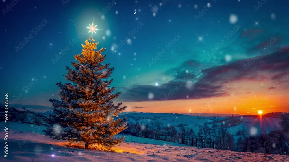 Landscape with a Christmas tree in the background, festive scenery, holiday tree, snowfall Landscape with a Christmas tree in the background, festive scenery, holiday tree, snowfall