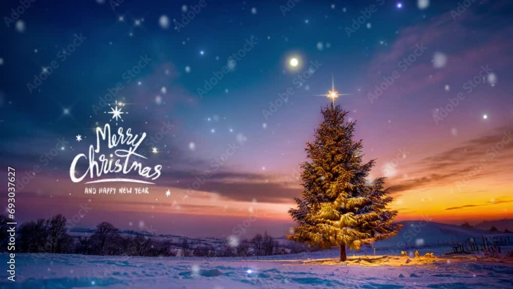 Landscape with a Christmas tree in the background, festive scenery, holiday tree, snowfall Landscape with a Christmas tree in the background, festive scenery, holiday tree, snowfall