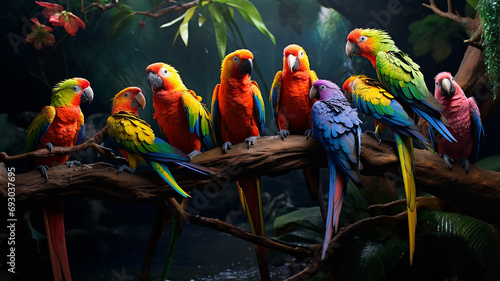 A group of rainbow-colored parrots play with each photo