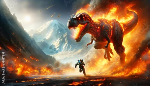 a prehistoric scene with a dinosaur on fire photo