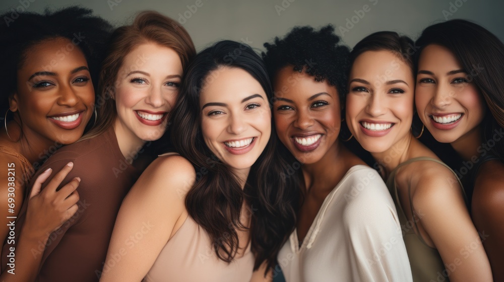 Fototapeta premium Joyful diverse group of women huddled together, sharing a laugh.