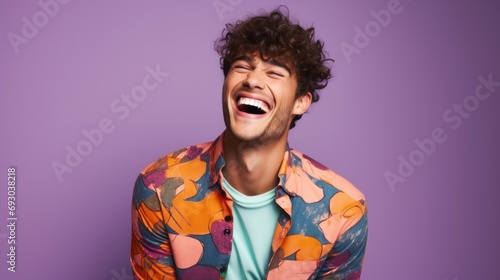 Man in a colorful shirt laughing wholeheartedly against a purple backdrop. photo
