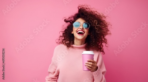 Exuberant woman in a pastel pink sweater and blue sunglasses, laughing with joy, holding a coffee cup against a vibrant pink background.. photo