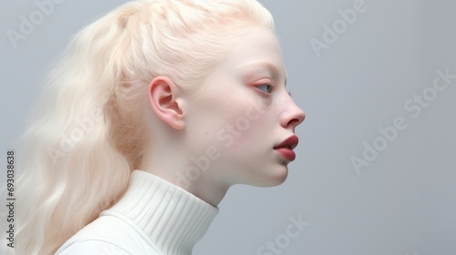Full head posture profile view of beauty skin albino female woman no makeup real skin stylish hair style on white background photo
