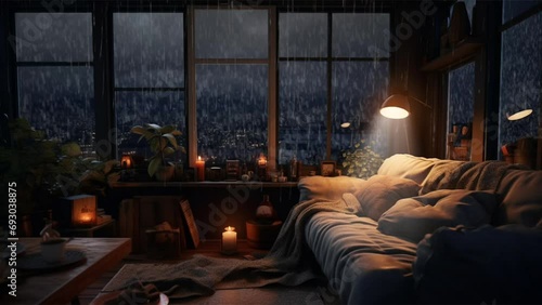 cozy bed on a rainy night