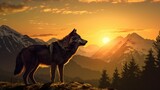 A lone wolf silhouetted against the golden hues of a setting sun in a vast wilderness. Keywords
