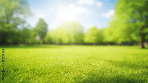 Beautiful blurred background image of spring nature with a neatly trimmed lawn surrounded by trees against a blue sky with clouds on a bright sunny day