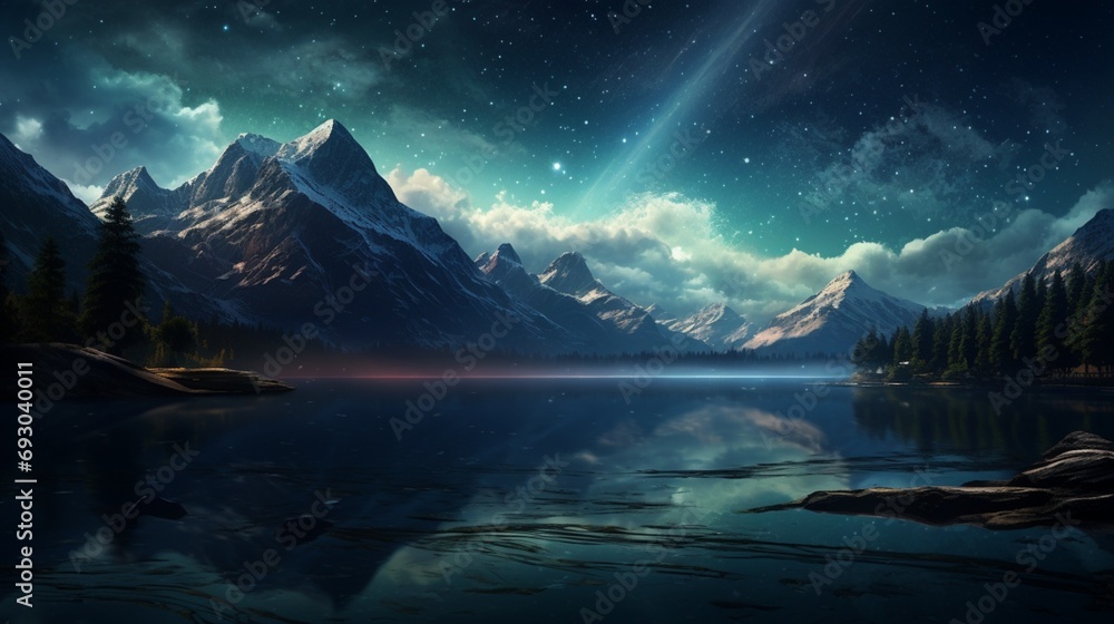A mesmerizing night sky adorned with a blanket of stars above a tranquil mountain lake. Keywords