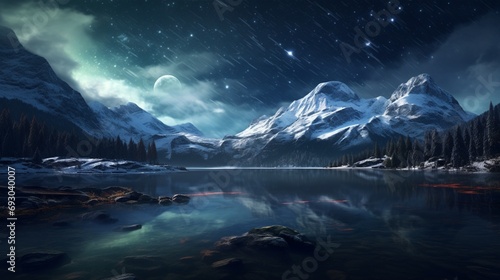 A mesmerizing night sky adorned with a blanket of stars above a tranquil mountain lake. Keywords