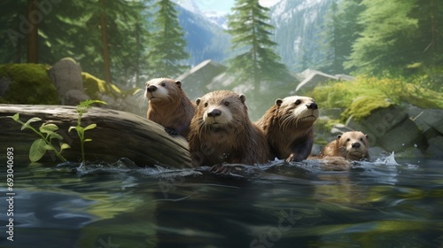 A playful family of otters frolicking in a clear mountain stream with reflections of evergreen trees. Keywords © Torrendo