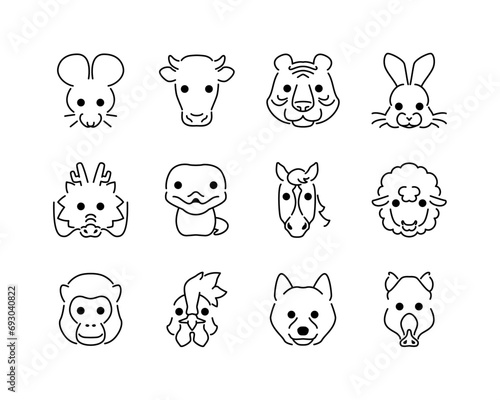 干支・十二支の動物12種類のアイコン素材セット（黒・単色）