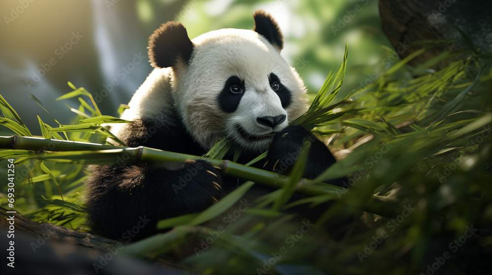 Fototapeta premium A Serene Panda Bear Resting in the Lush Green Grass