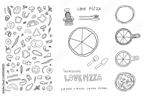 Pizza constructor ingredients in doodle style. Mushrooms, sausage, cheese and vegetables. Italian pizza maker. Italian cuisine, satisfied cook. Pizza lover. Hand drawn
