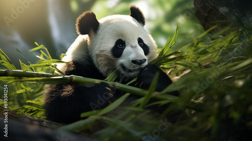 A Serene Panda Bear Resting in the Lush Green Grass