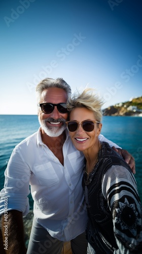 Close-up stylish mature senior couple in love man and woman travelling at retirement vacation leading active lifstyle and healthy aging together photo