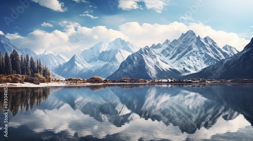 A tranquil lake reflecting the snow-capped peaks of distant mountains under a cloud-strewn sky. Keywords