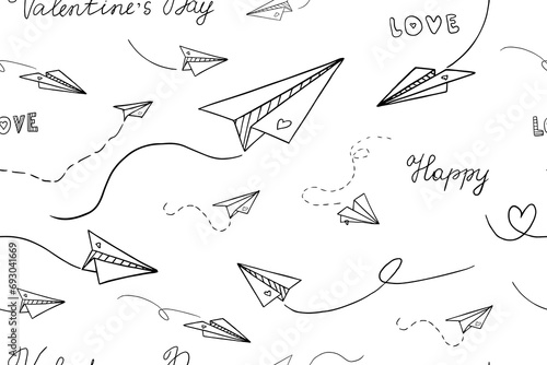 Cute seamless pattern of paper planes vector images and paper airplanes with hearts. Love elements  love letters or messages. Great for valentine s day cards  posters  wrapping. Hand drawn. Doodles