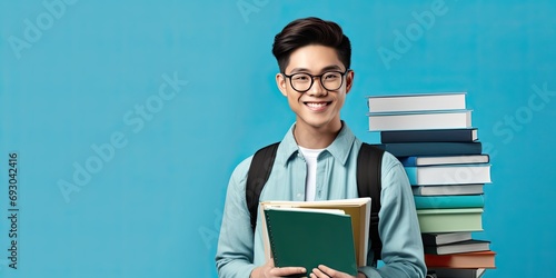 A cheerful asian schoolboy with glasses and a backpack, holding books, smiling and studying. photo
