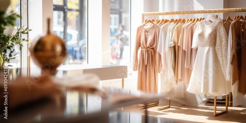 A luxurious boutique showcasing a stylish collection of dresses, clothes, and accessories in a modern setting. photo