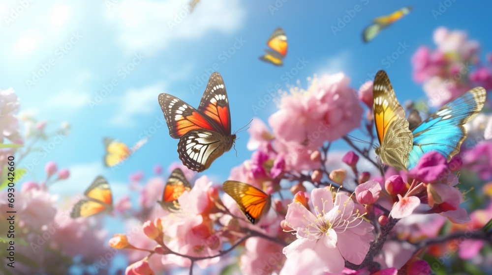 The delicate dance of butterflies amidst a field of colorful blossoms on a sunny day. Keywords