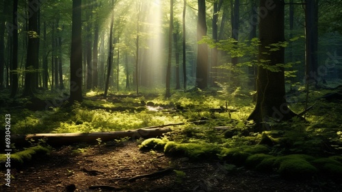 Sunlight filtering through the dense foliage, casting enchanting patterns on the forest floor. Keywords