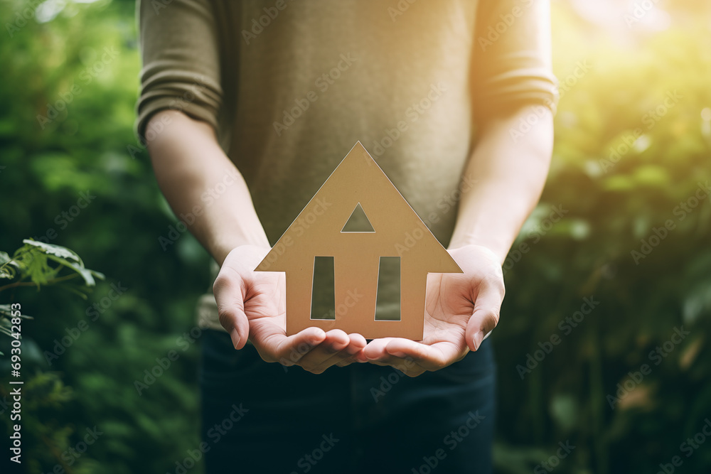 A Person's Hand Holding Paper House, Home on Grass Background Meaning Saving, Economicl, Argiculture and Farmer - obrazy, fototapety, plakaty 
