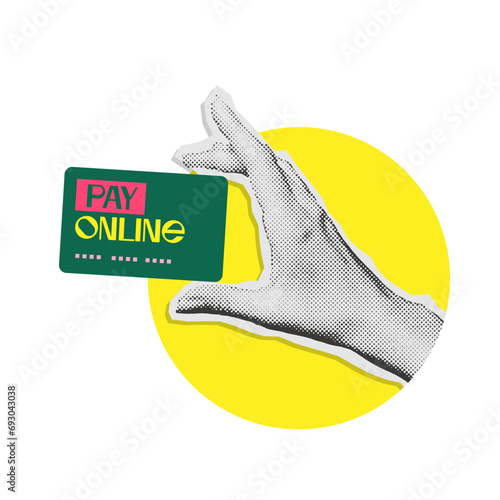 Hand holding credit or debit card - pay online. Colorful halftone mixed media style design. Merry Christmas collage paper sticker. photo