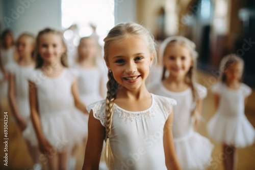 Radiant Young Ballerinas in White, Poised for a Dance Recital